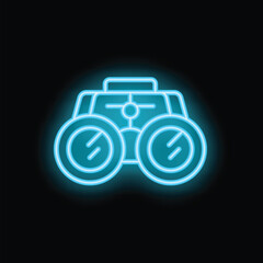 Poster - Glowing neon icon of binoculars, representing searching and observation, on a dark background