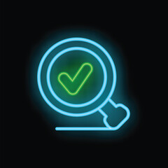 Poster - Neon magnifying glass showing green check mark symbol on black background representing concept of search engine optimization
