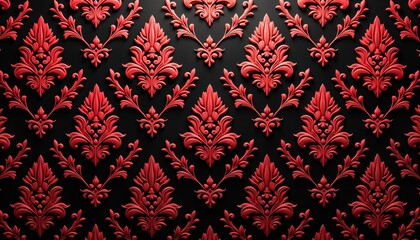 Poster - Red damask pattern wallpaper design. Ornate floral decorative elements on black background. Elegant luxury design. Perfect for upscale interior decor. Suitable for fashion textile designs. Retro