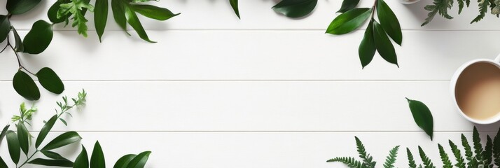 Aufkleber - Fresh green leaves arranged beautifully around a cup of tea on a wooden surface in a calming indoor setting. Generative AI