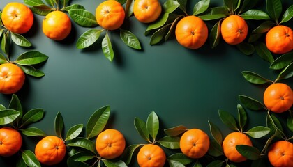 Wall Mural - Fresh ripe oranges, green leaves arranged in frame on dark green background. Citrus fruits, foliage create natural aesthetic. Photo captures healthy, organic produce. Perfect for food,