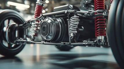 Poster - Close-up of a hybrid car's powertrain, showcasing electric and gasoline components.