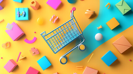 Wall Mural - Shopping cart experience flat design, top view, e-commerce integration theme, 3d render, vivid. Typography Integration. Illustration