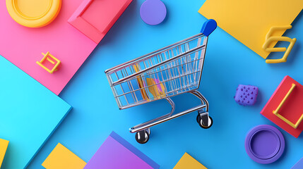Wall Mural - Shopping cart experience flat design, top view, e-commerce integration theme, 3d render, vivid. Typography Integration. Illustration