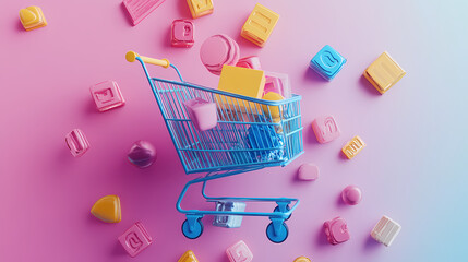 Wall Mural - Shopping cart experience flat design, top view, e-commerce integration theme, 3d render, vivid. Typography Integration. Illustration