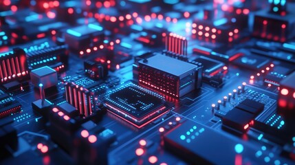 Poster - Cryptocurrency mining rigs glowing with high-tech blue and red lights.