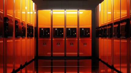 Poster - Electric car battery packs neatly stacked in a high-tech automotive lab.
