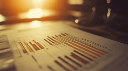 Poster - financial report with bar graphs and stock performance data on a desk.