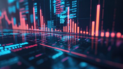 Poster - financial report with bar graphs and stock performance data on a desk.