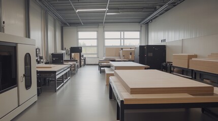 Poster - High-tech furniture production facility with laser-cutting equipment.