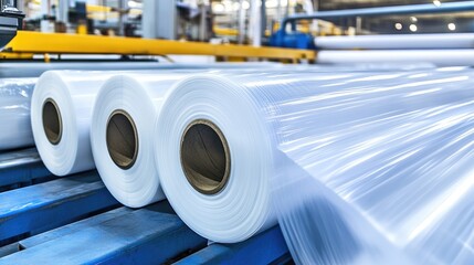 Aufkleber - huge rolls of plastic wrap being manufactured in an extrusion plant.