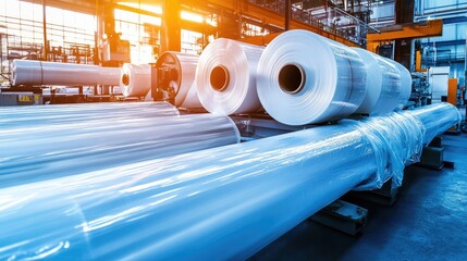 Aufkleber - huge rolls of plastic wrap being manufactured in an extrusion plant.