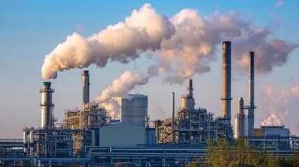 Poster - Industrial plant with smoke stacks and pipelines producing chemical compounds.