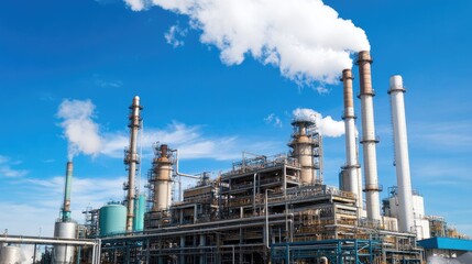 Poster - Industrial plant with smoke stacks and pipelines producing chemical compounds.