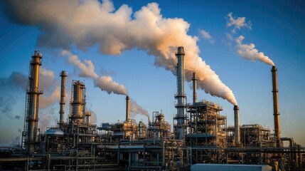 Poster - Industrial plant with smoke stacks and pipelines producing chemical compounds.