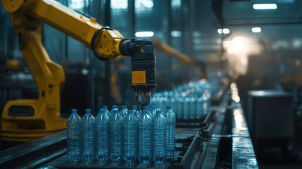 Poster - Industrial robotic system assembling plastic bottles in a mass-production line.