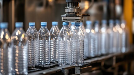 Poster - Industrial robotic system assembling plastic bottles in a mass-production line.