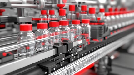Poster - Industrial robotic system assembling plastic bottles in a mass-production line.