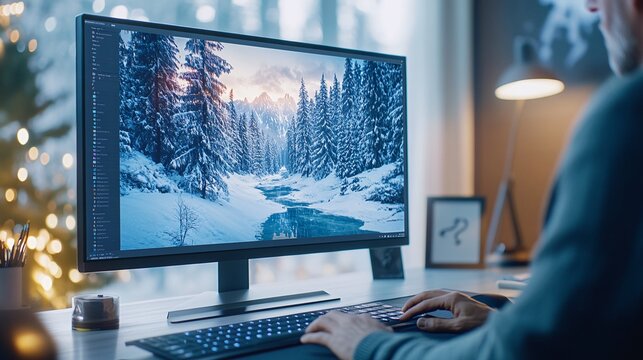 Digital Artist Crafting Serene Winter Landscape on Computer in Cozy Studio