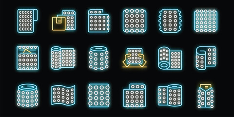 Poster - Set of glowing neon bubble wrap icons representing packaging for safe delivery of fragile goods