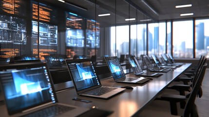 Poster - Modern workspace with multiple high-performance laptops on display.