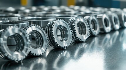 Poster - Precision CNC-machined automotive parts lined up on a metallic surface.
