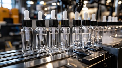 Poster - A series of transparent dropper bottles reveal their minimalist beauty against a backdrop of a bustling production environment. The sleek design emphasizes craftsmanship and utility