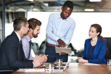 Aufkleber - Man, tablet and team in office for meeting, project review and business proposal idea. Male employee, technology and group in agency for pitch, information update and task feedback for productivity