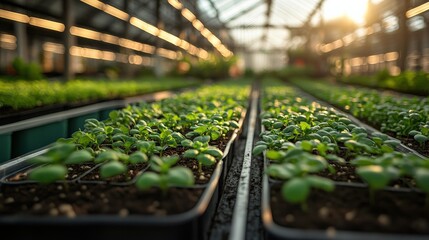 Wall Mural - Rows of vibrant green seedlings thriving in a sunlit greenhouse, showcasing growth and cultivation