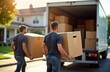 © miss irine - Two adult men diligently unloading cardboard boxes, furniture from moving truck on sunny day. Cooperate, working together as colleagues. Actions relocation service. Outdoor scene portrays common, pro