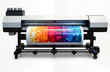 © miss irine - Modern large format printer machine prints colorful graphic design on roll of paper. Colorful samples on material demonstrate printing process. Industrial equipment shows tech advances in print