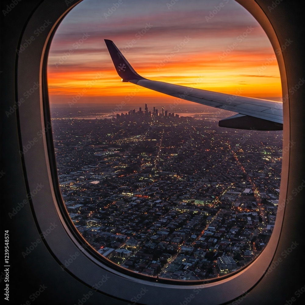 Beautiful scenic city view of sunset through the aircraft window. Image ...