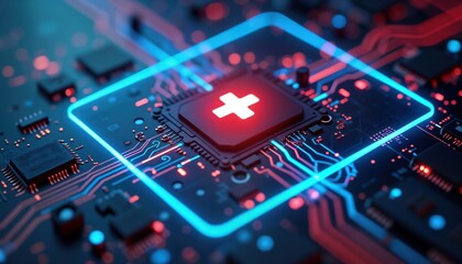 Poster - futuristic medical tech interface displays on high-tech circuitry. modern healthcare innovation. adv
