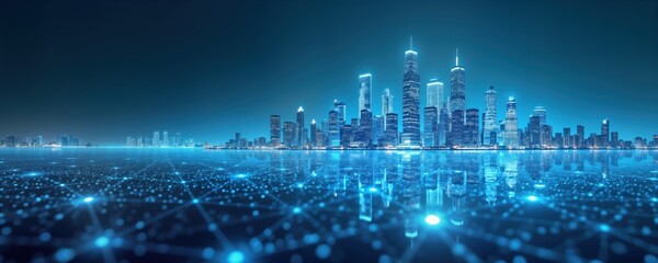 Fototapete - Futuristic city skyline at night. Skyscrapers with glowing lines connecting. Blue background. Digital hologram city reflecting in water. Advanced urban tech concept. Smart city network