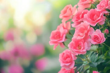 Poster - Vibrant pink roses bloom in a sunny garden setting during springtime. Generative AI