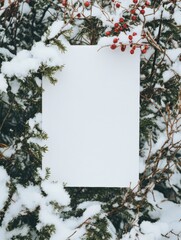 Leinwandbilder - Blank paper resting among snow covered pine branches and red berries on a winter day in a serene outdoor setting. Generative AI
