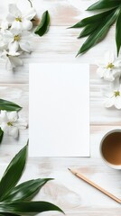Fototapete - Blank paper surrounded by flowers and green leaves with a cup of tea on a wooden table setting. Generative AI