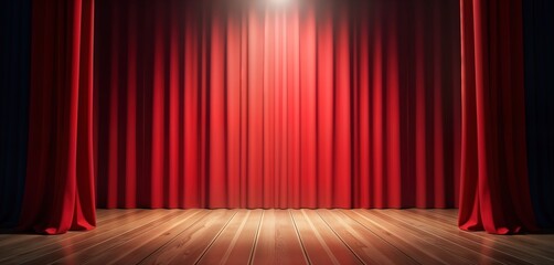 Aufkleber - Red stage curtain with spotlight on wooden floor. Empty stage for performance. Suitable for theatre shows concerts presentations. Interior design element. Luxurious red fabric drapes. Wooden floor