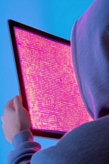 Poster - hacker holding a tablet, displaying running code illuminated in vibrant pink and blue light, embodie