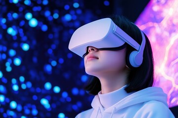 Poster - Young scientist wearing vr headset and headphones, exploring immersive digital environment with colorful lights