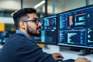 Poster - Young indian software engineer coding diligently on multiple monitors, immersed in programming tasks at a modern office desk