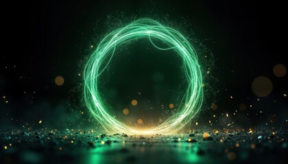 Leinwandbilder - Dynamic abstract illustration with bright green circle frame. Sparkling neon energy effect. Swirling lines, glowing particles. Futuristic, magical energy. Modern design with blurred background. Ideal