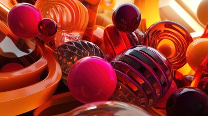 Poster - Abstract composition of glossy spheres and swirls with vibrant orange red hues