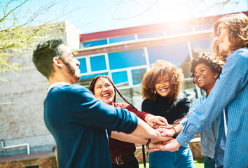 Aufkleber - Students, smile or hands in huddle in outdoor campus meeting for college group or teamwork. People, happy or university friends in school collaboration for learning and education study for support