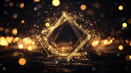 Poster - Golden geometric frame with bokeh lights on a dark background for celebration concept