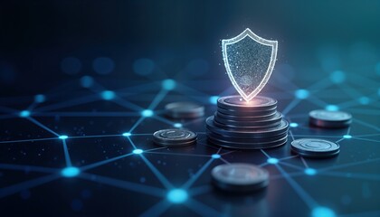 Fototapete - Stack of silver coins protected by digital shield on dark blue background. Network of glowing blue lines connects coins, shield. Futuristic tech illustration suggests financial security, digital