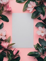 Poster - Blank stationery surrounded by pink flowers and green leaves on pastel background for creative projects. Generative AI