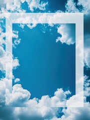 Fototapete - Clear blue sky with fluffy clouds framed by a rectangular shape during midday in a serene atmosphere above a landscape. Generative AI