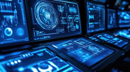 Poster - Futuristic Control Panel with Glowing Blue Digital Interfaces and complex data