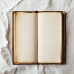 Poster - Blank pages of an ancient book resting on textured fabric in soft light during a quiet afternoon. Generative AI